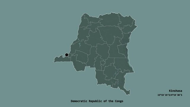 Tshuapa, province of Democratic Republic of the Congo, with its capital, localized, outlined and zoomed with informative overlays on a administrative map in the Stereographic projection. Animation 3D