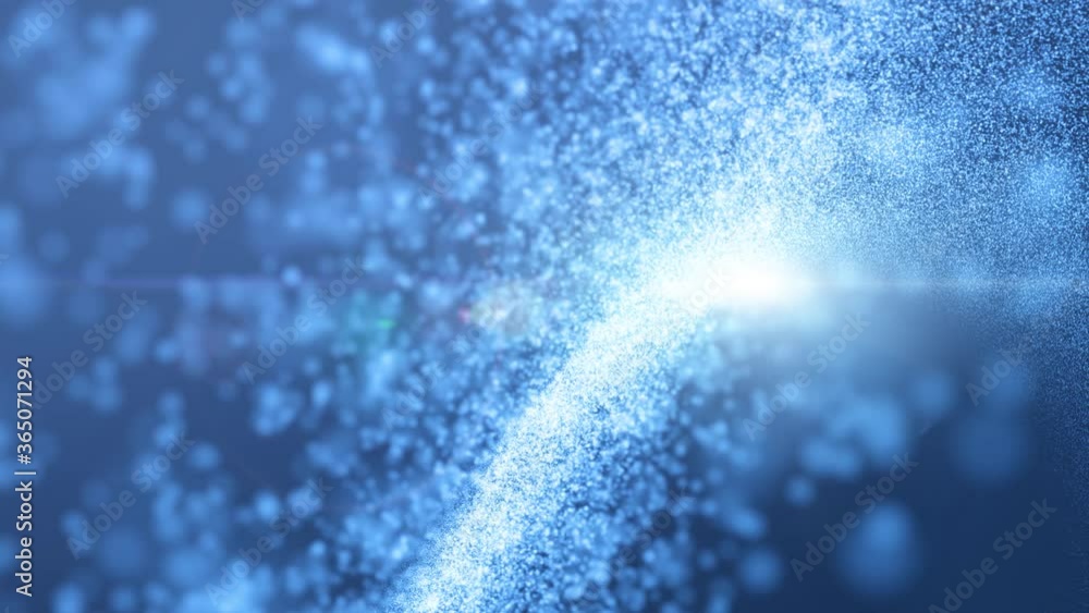 Poster looping digital shining blue color particles flow abstract motion background with flare light effect