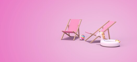 transats avec ballon de plage et bouée en forme de licorne