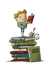 A boy on a pile of books is reading, while a cat is watching him. isolated