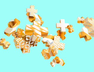 Golden 3d plus sign. Abstract composition - obrazy, fototapety, plakaty