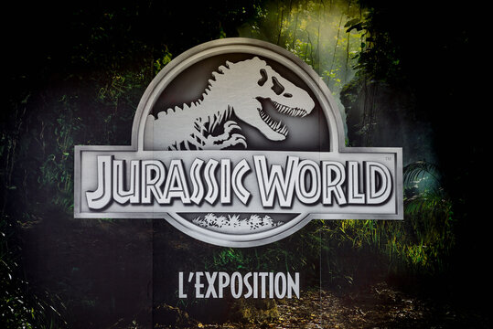 Paris - August 7, 2018: Poster Jurassic World thematic exhibition in France