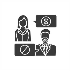 Refusal of a bribe glyph black icon. Business bribery and kickback corruption concept. Sign for web page, mobile app, button, logo. Vector isolated button