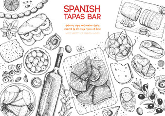 Spanish cuisine top view frame. A set of spanish dishes with hamon, tapas, bocadillo, mojama, sausages, snack . Food menu design template. Vintage hand drawn sketch vector illustration. Engraved image