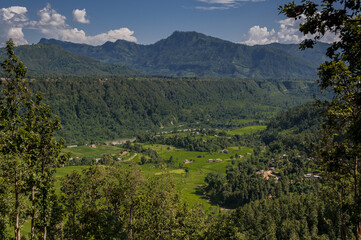 Obraz premium Rice fields along Manaslu Circuit trail from Arughat village to Machhakhola village on both banks of Budhi Gandaki river, Manaslu Himal, Ghorka district, Nepal Himalayas, Nepal.