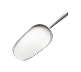 Metal scoop of baking soda isolated on white, top view