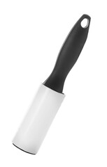 New lint roller with black handle isolated on white