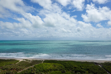 An aerial view of the turquoise blue water of the Atlantic Ocean