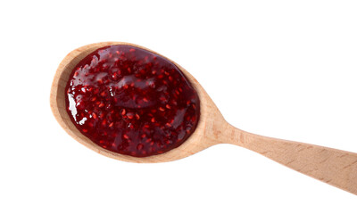 Delicious raspberry jam in wooden spoon isolated on white, top view