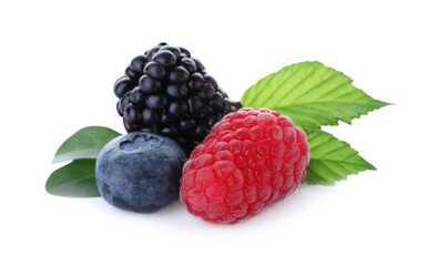 Different ripe tasty berries with green leaves on white background