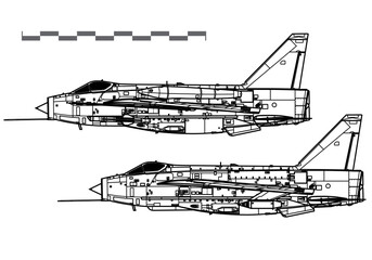 English Electric Lightning F.Mk 6, Mk 53. Vector drawing of supersonic multirole fighter. Side view. Image for illustration and infographics.