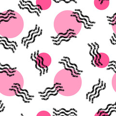 Seamless trendy abstract Memphis pattern. Black and white textures, pastel pink circles, simple design. Vector illustration. Applicable for backgrounds, wrapping paper, textile concepts.