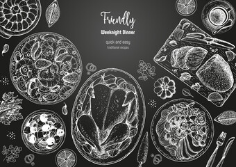 Family dinner top view, vector illustration. Friendly dinner table. Engraved style background. Hand drawn sketch, design template.