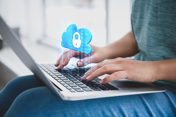 Cyber security concept. Woman using laptop, closeup. Cloud with padlock illustration over keyboard