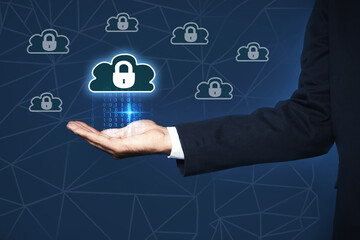 Cyber security concept. Businessman demonstrating cloud with padlock illustration, closeup