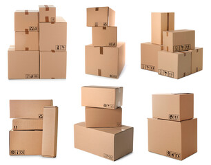Fototapeta premium Set of parcels with different packaging symbols on white background