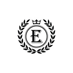 Letter E laurel wreath template logo Luxury letter with crown. Monogram alphabet . Beautiful royal initials letter.	