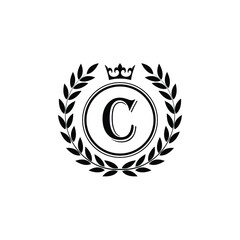 Letter C laurel wreath template logo Luxury letter with crown. Monogram alphabet . Beautiful royal initials letter.	