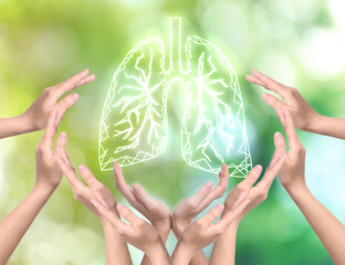 World Tuberculosis Day and No Tobacco campaign. People surrounding lungs illustration, making frame with hands