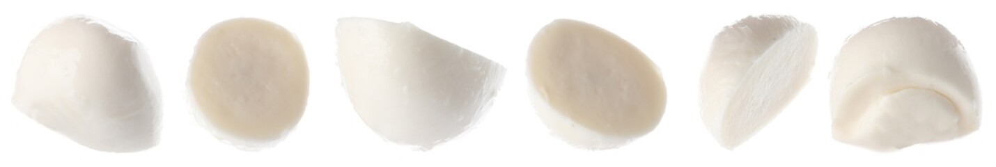 Pieces of delicious mozzarella cheese flying on white background, banner design