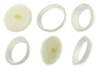 Fresh onion slices flying on white background