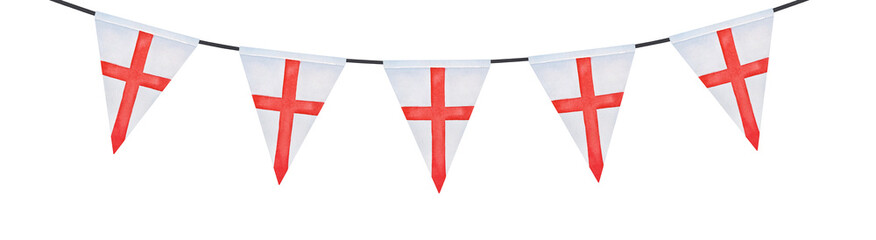 Water color drawing of festive bunting with triangular flag of England with St. George's Cross. Hand painted watercolour sketchy illustration on white, cut out clip art element for design and decor. - 365077243