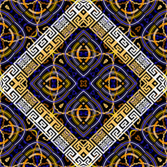 Elegant greek vector seamless pattern. Modern ornamental background. Repeat geometric backdrop. Floral colorful ornament with greek key meanders rhombus frames. Grunge texture. Decorative design