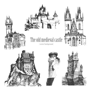 Set of medieval castle isolated on cream background. Graphic drawing. Graphic hand drawing - Vector