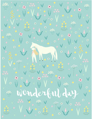 Horse. Vector cute illustration with a horse in flowers with a girl, for postcards, design, print, poster.