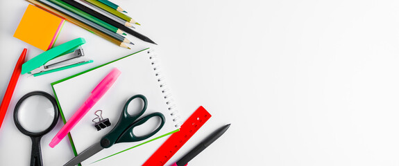 Set of office supplies on a white background. Back to school concept. Place for text.