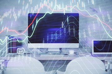 Multi exposure of stock market chart drawing and office interior background. Concept of financial analysis.