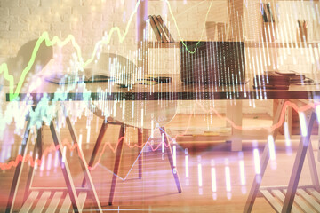 Multi exposure of stock market chart drawing and office interior background. Concept of financial analysis.