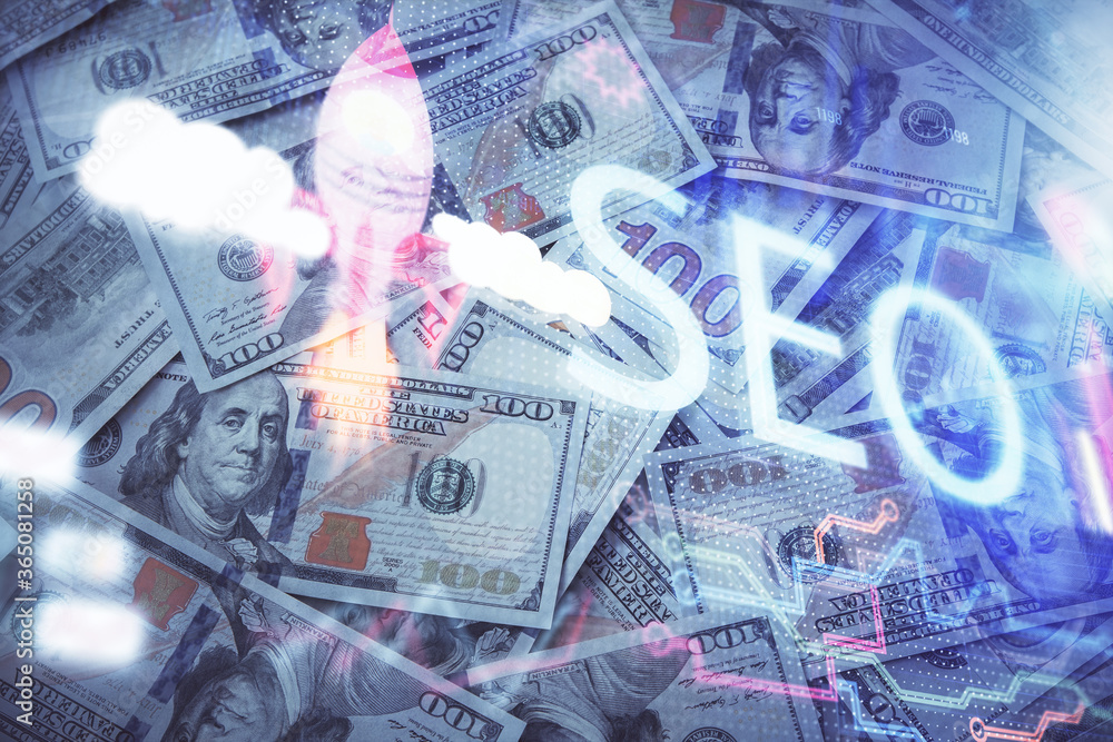 Poster double exposure of seo drawing over us dollars bill background. concept of search optimization.