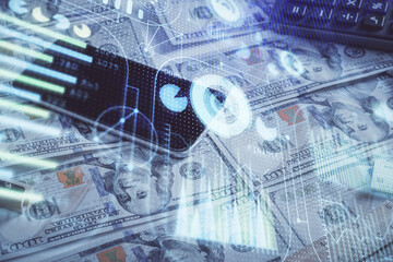 Double exposure of data theme drawing over us dollars bill background. Technology concept.