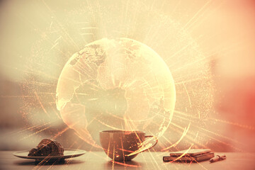 Double exposure of social network theme drawing hologram over coffee cup background in office. Concept people connection.