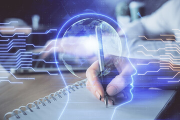 Double exposure of brain drawing over people taking notes background. Concept of Ai