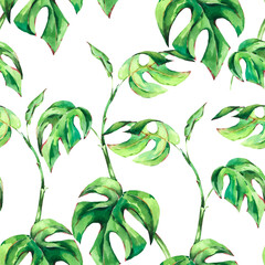 Watercolor tropical green leaves seamless pattern. Summer greenery wallpaper
