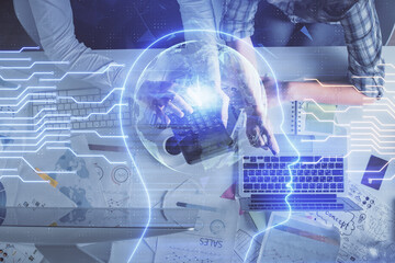 Double exposure of man and woman working together and human brain hologram drawing. Brainstorm concept. Computer background. Top View.