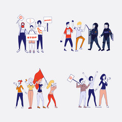 Big set of protesting people holding banners and placards. Men and women characters on political meeting, parade or rally. Group of male and female protesters or activists. . cartoon line illustration