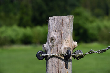 Detail of an electric fence made of wood and with cables on a pasture