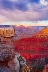 Panoramic image of the colorful Sunset on the Grand Canyon in Grand Canyon National Park from the south rim part,Arizona,USA, on a sunny cloudy day with blue or gloden sky