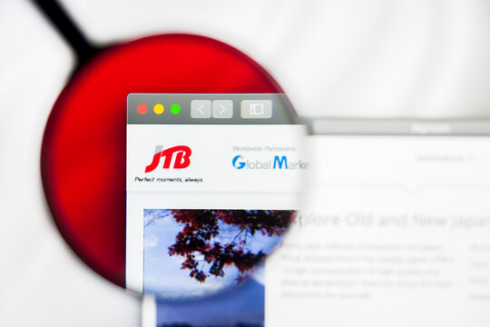 New York, New York State, USA - 21 May 2019: Illustrative Editorial of japanese company JTB Japan Travel Bureau Inc website homepage. JTB Japan Travel Bureau Inc logo visible on display screen.