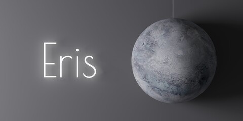 A cartoonish model of dwarf planet Eris with text "Eris" next to it. A 3d render. © Ludwiczak