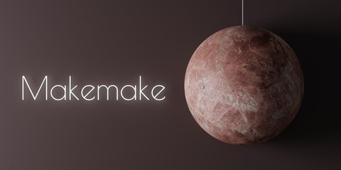 A cartoonish model of dwarf planet Makemake with text 