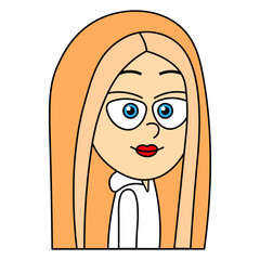 Cute girl with blond hair and red lips in white hoodie, vector illustration.