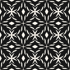 Monochrome seamless pattern. Black and white vector ornament texture with crosses, diamonds, floral shapes, grid, lattice. Gothic style background. Repeat design for decoration, fabric, furniture