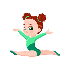 vector icon of a cheerful cute athletic gymnast girl sitting on a twine, exercise in rhythmic gymnastics competitions, sticker for print and for website, acrobatic athlete rhythmic gymnastics, olympic