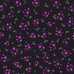 Obraz na płótnie Canvas Vector seamless pattern with small pink pretty flowers and green leaves on black backdrop. Liberty style wallpapers. Simple floral background. Ditsy ornament. Cute repeat design for print, fabric