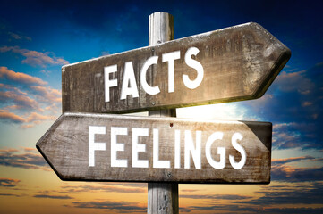 Facts, feelings - wooden signpost, roadsign with two arrows