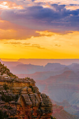 Panoramic image of the colorful Sunset on the Grand Canyon in Grand Canyon National Park from the...